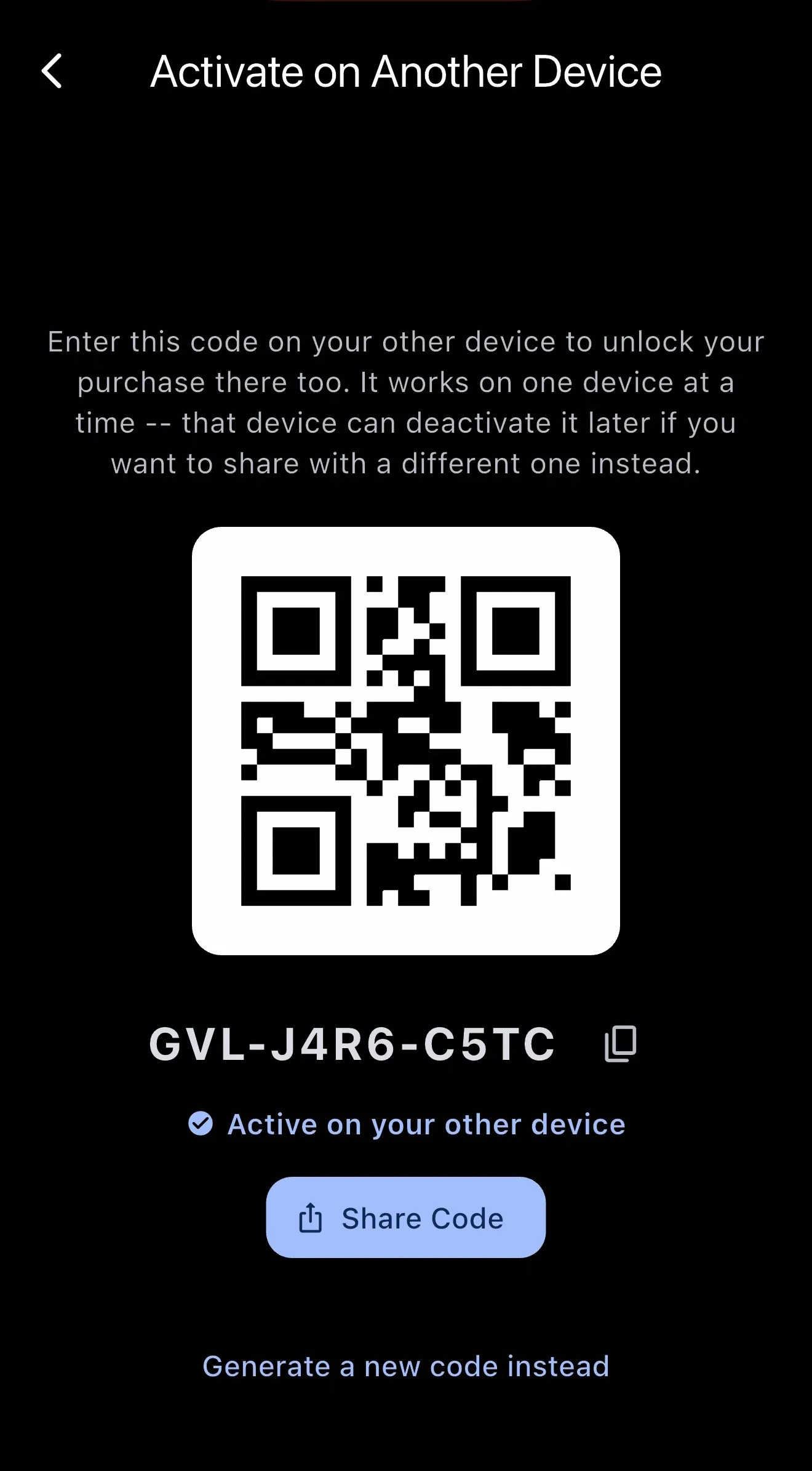 Activate on Another Device screen showing the same code now marked Active on your other device