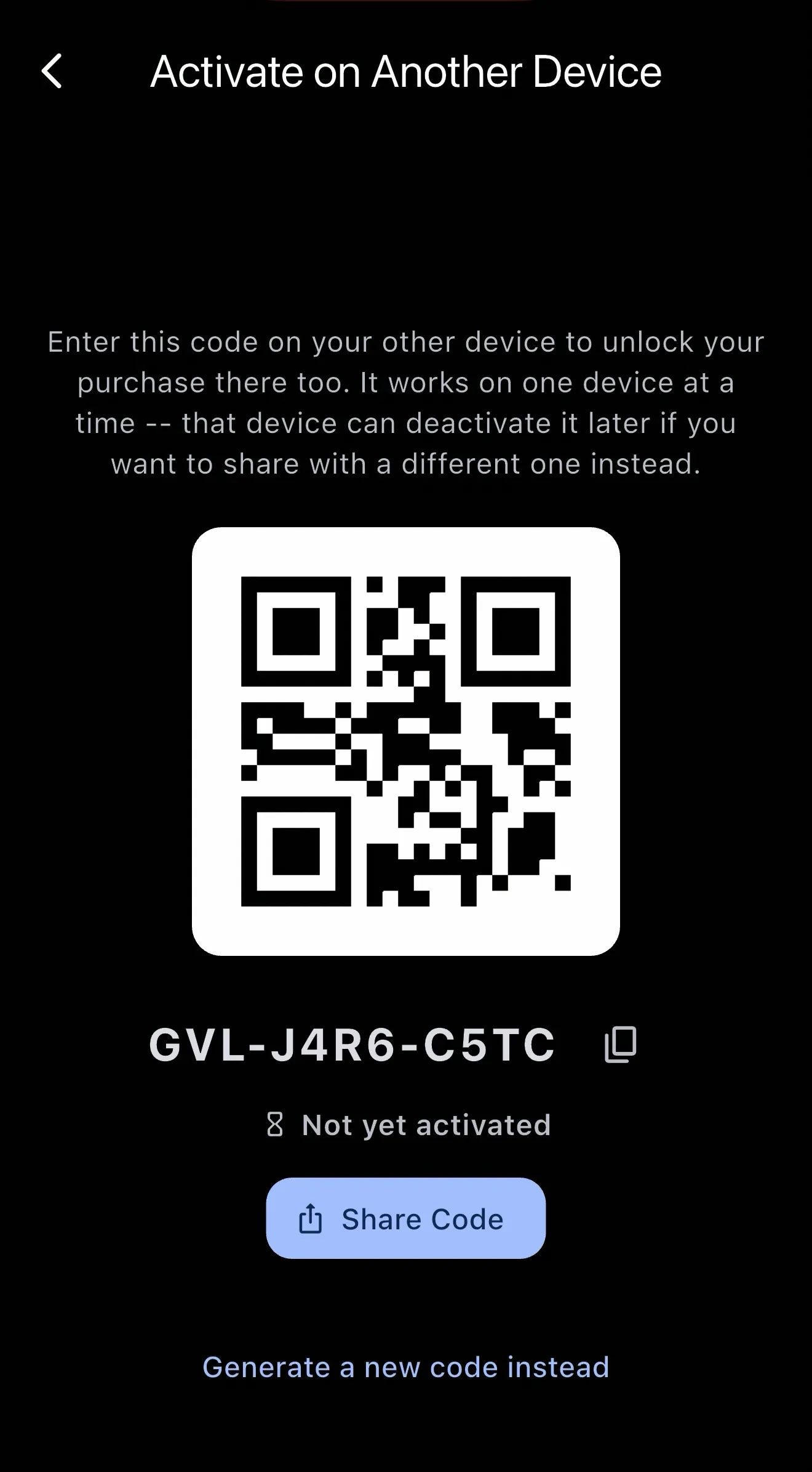 Activate on Another Device screen showing the QR code, share code, and Not yet activated status