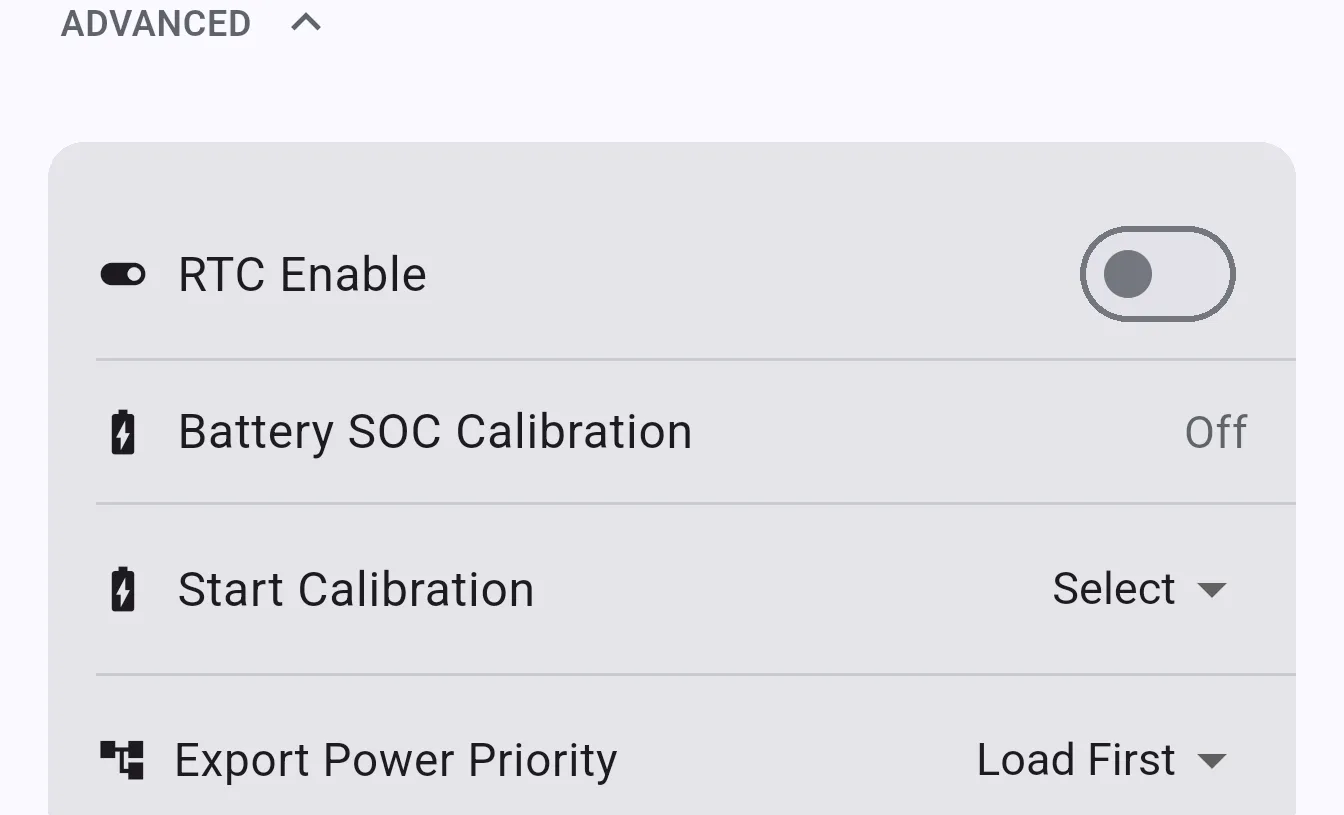Advanced section showing RTC Enable, Battery SOC Calibration, Start Calibration, and Export Power Priority