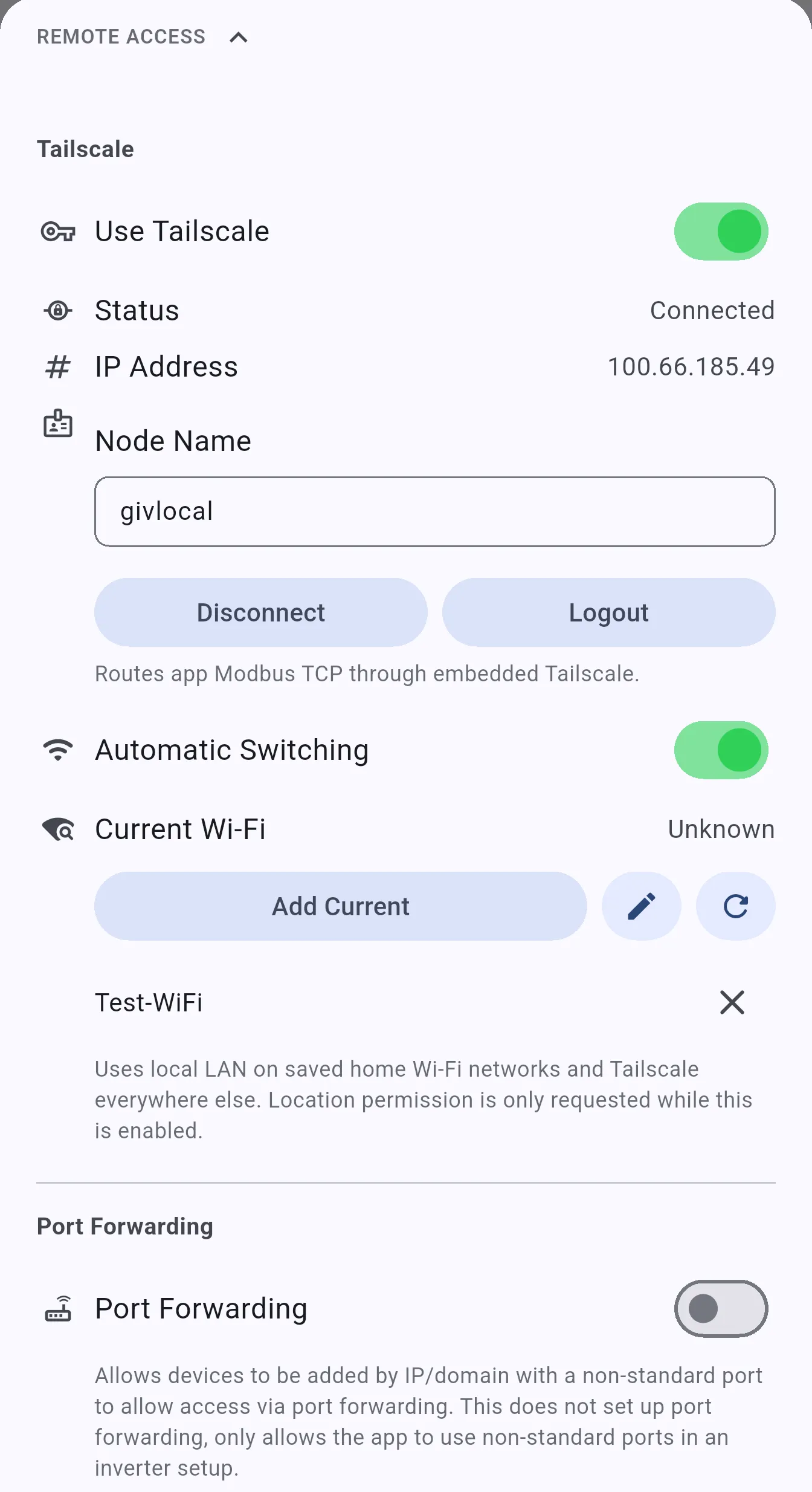 Remote Access section with Automatic Switching enabled, showing Current Wi-Fi, Add Current, and a registered Test-WiFi network