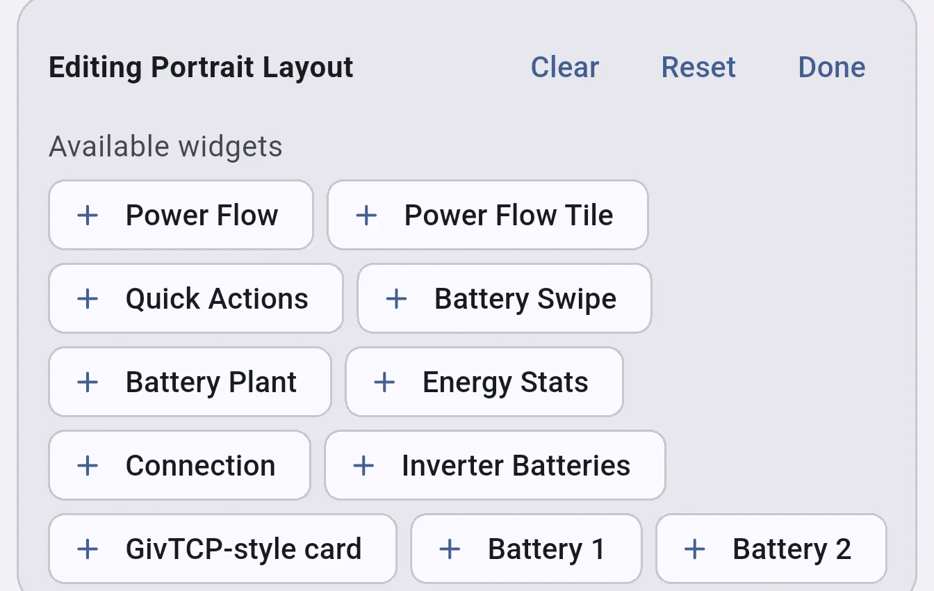 Editing Portrait Layout panel showing the Available widgets palette and Clear, Reset, Done actions