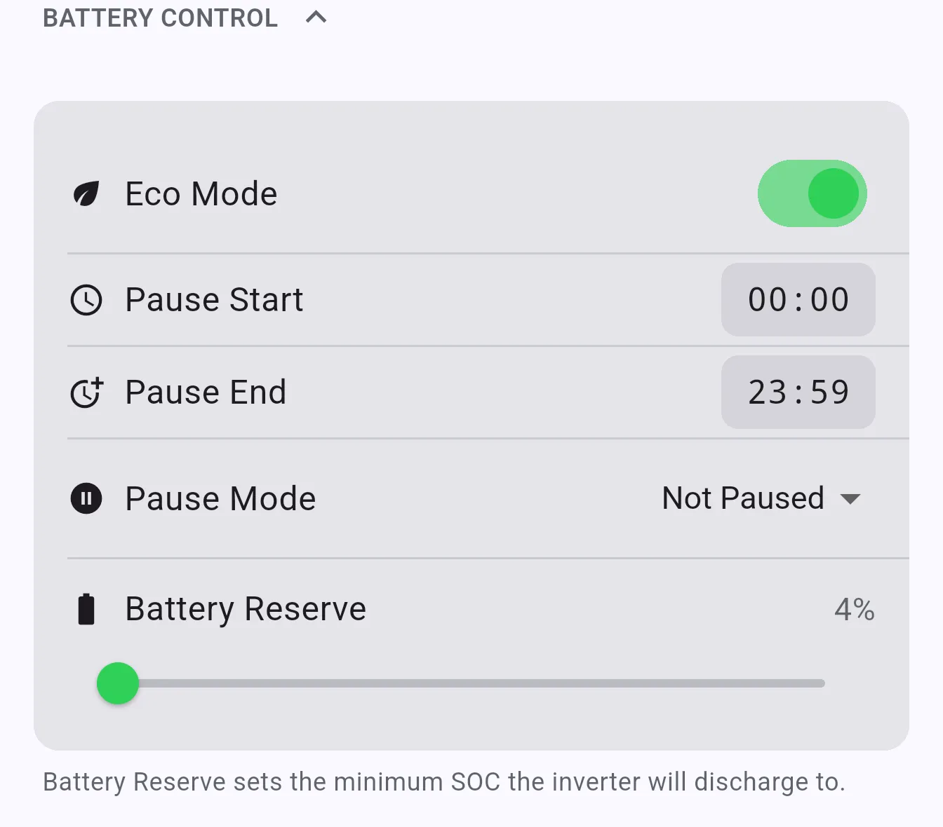 Battery Control section showing Eco Mode, Pause Start/End, Pause Mode, and Battery Reserve