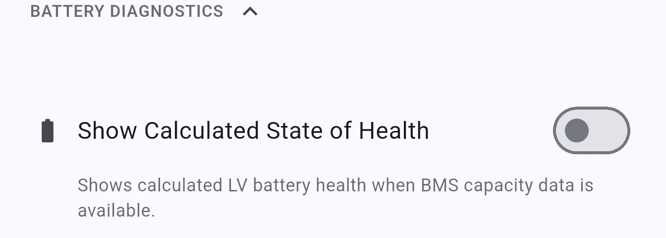 Settings Battery Diagnostics section showing the Show Calculated State of Health toggle