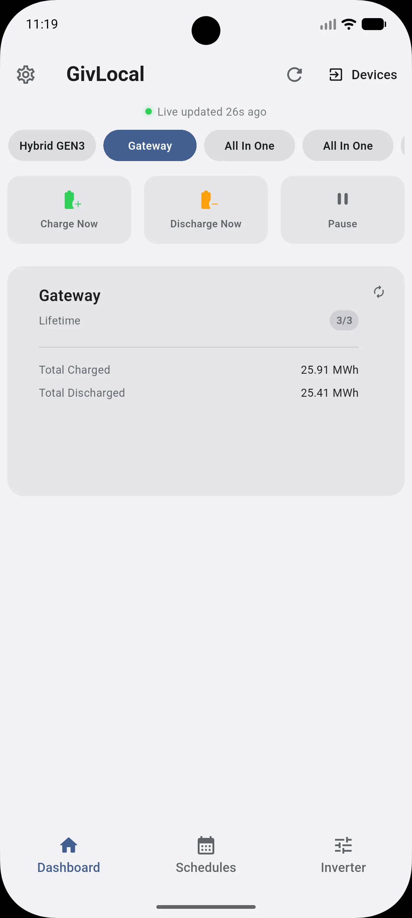 Battery card showing lifetime total charged and discharged