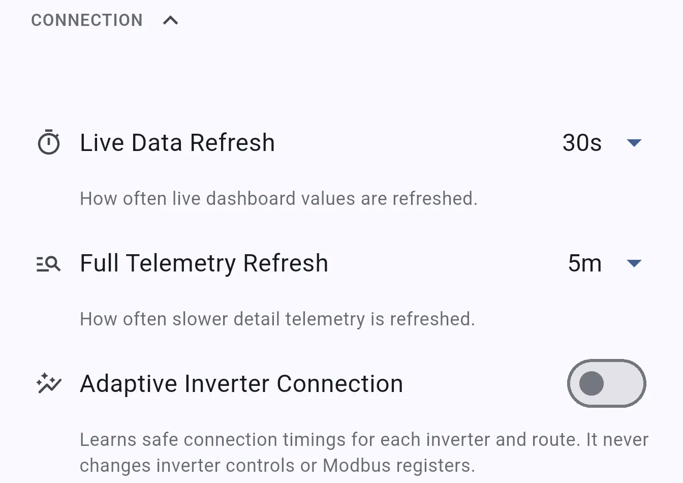 Settings Connection section showing refresh intervals and adaptive connection toggle