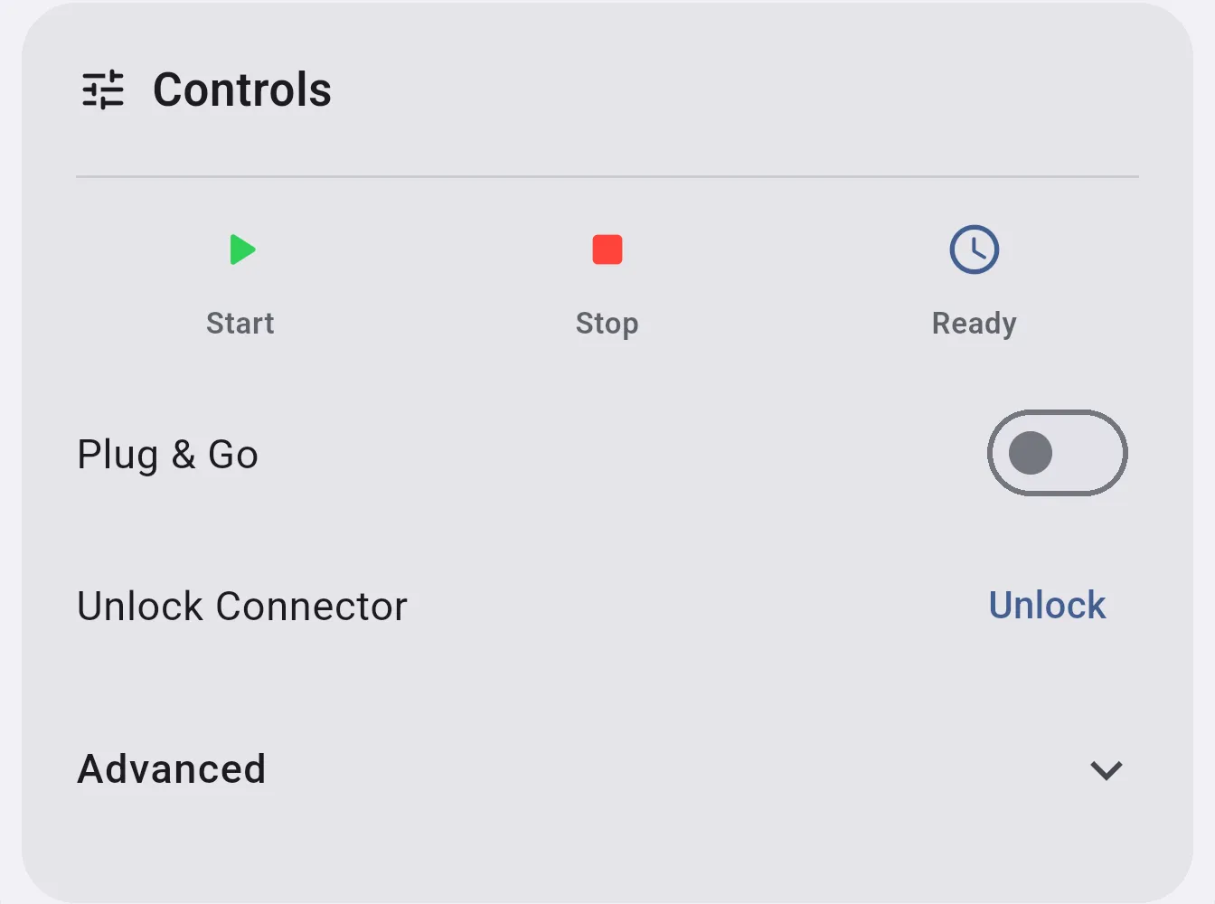 EV Charger Controls card showing Start, Stop, Ready, Plug & Go, and Unlock Connector