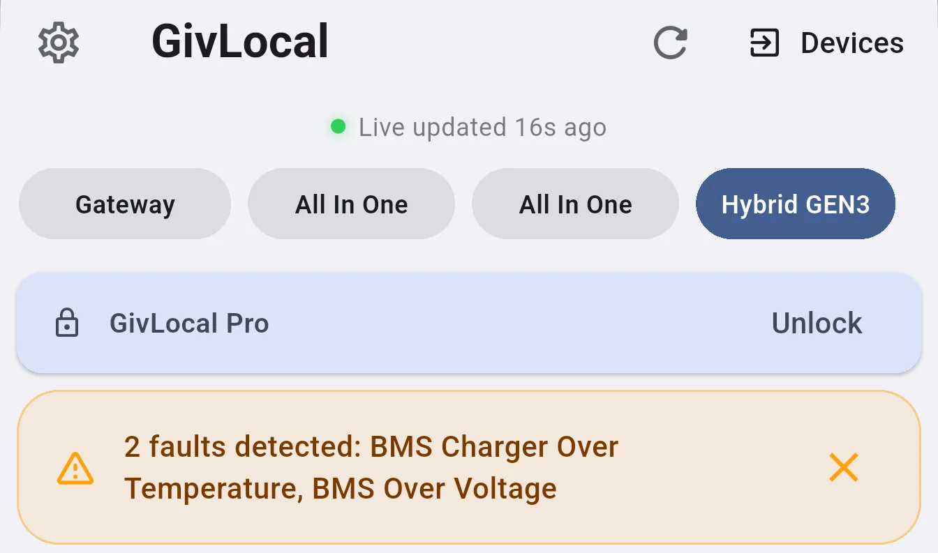 Dashboard showing a fault alert banner listing the detected faults