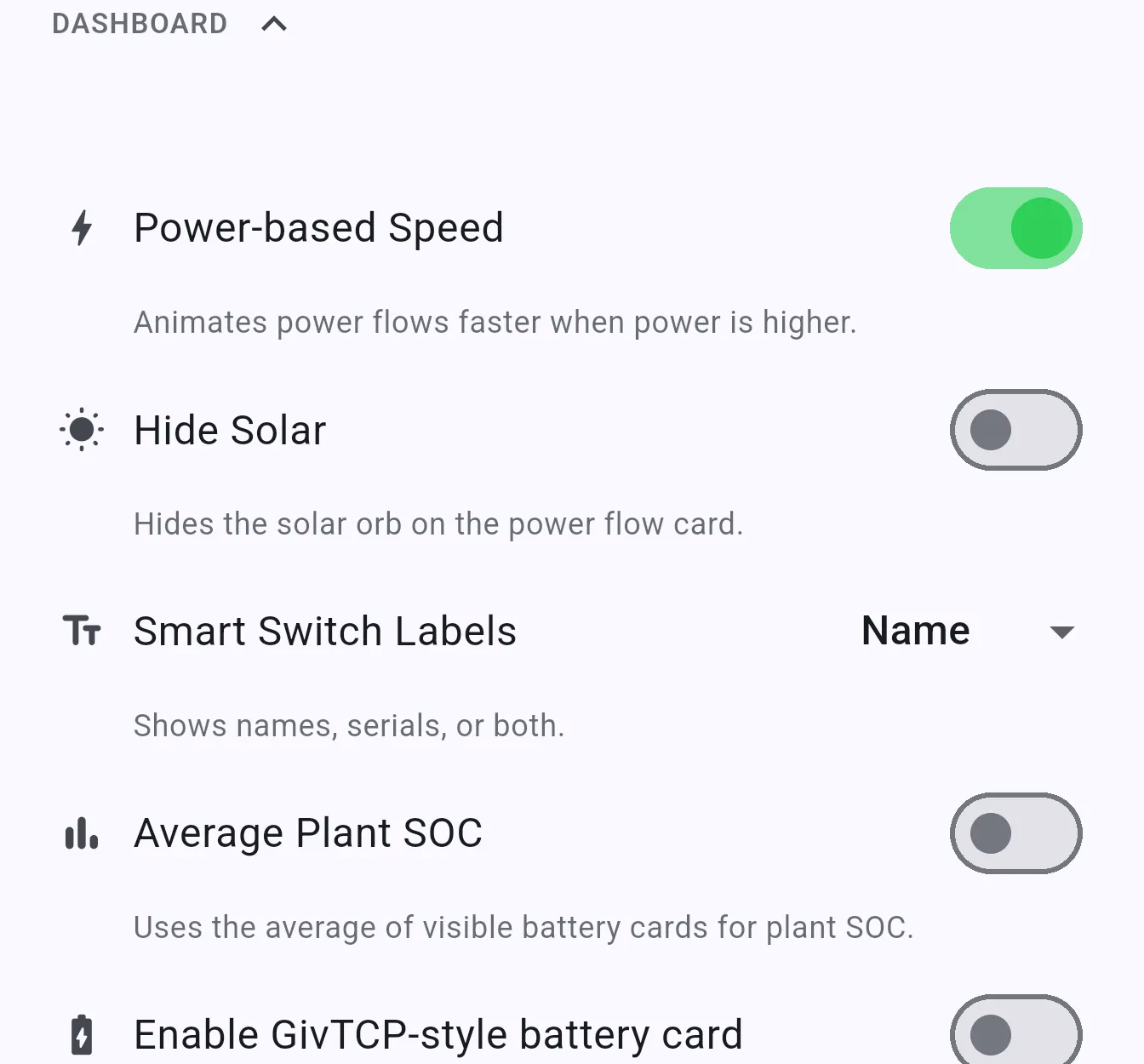 Settings Dashboard section showing several of the toggle options