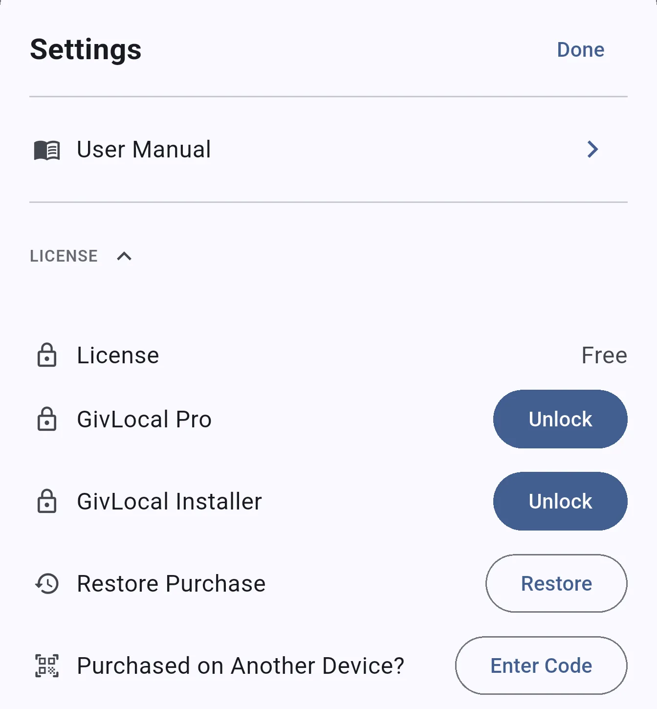 Settings License section showing Free tier with Unlock, Restore, and Enter Code actions