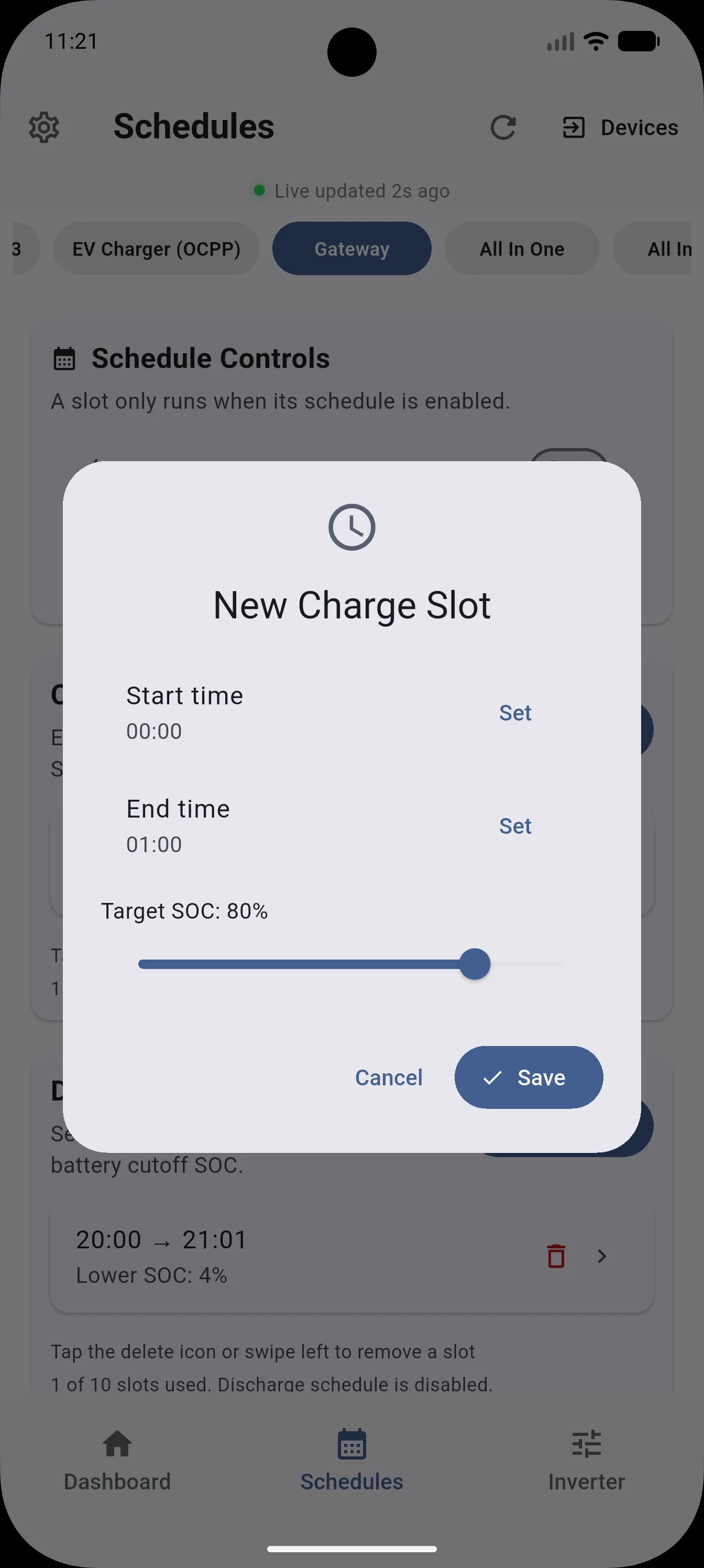 New Charge Slot dialog showing start time, end time, and a Target SOC slider
