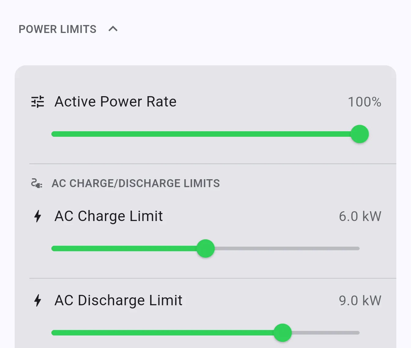 Power Limits section showing Active Power Rate, AC Charge Limit, and AC Discharge Limit