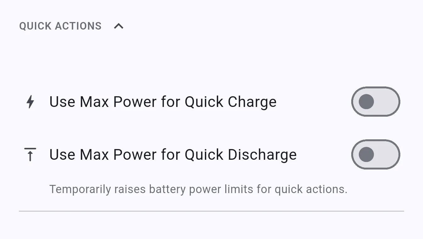 Settings Quick Actions section showing Use Max Power for Quick Charge and Quick Discharge toggles