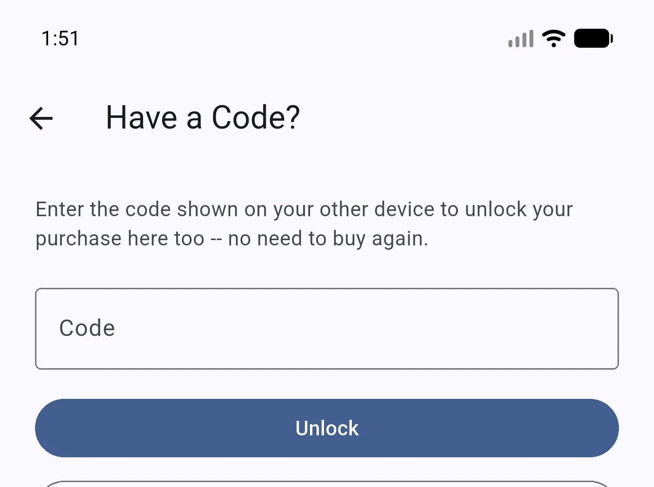Have a Code screen with a field to enter the code and a Scan QR Code option