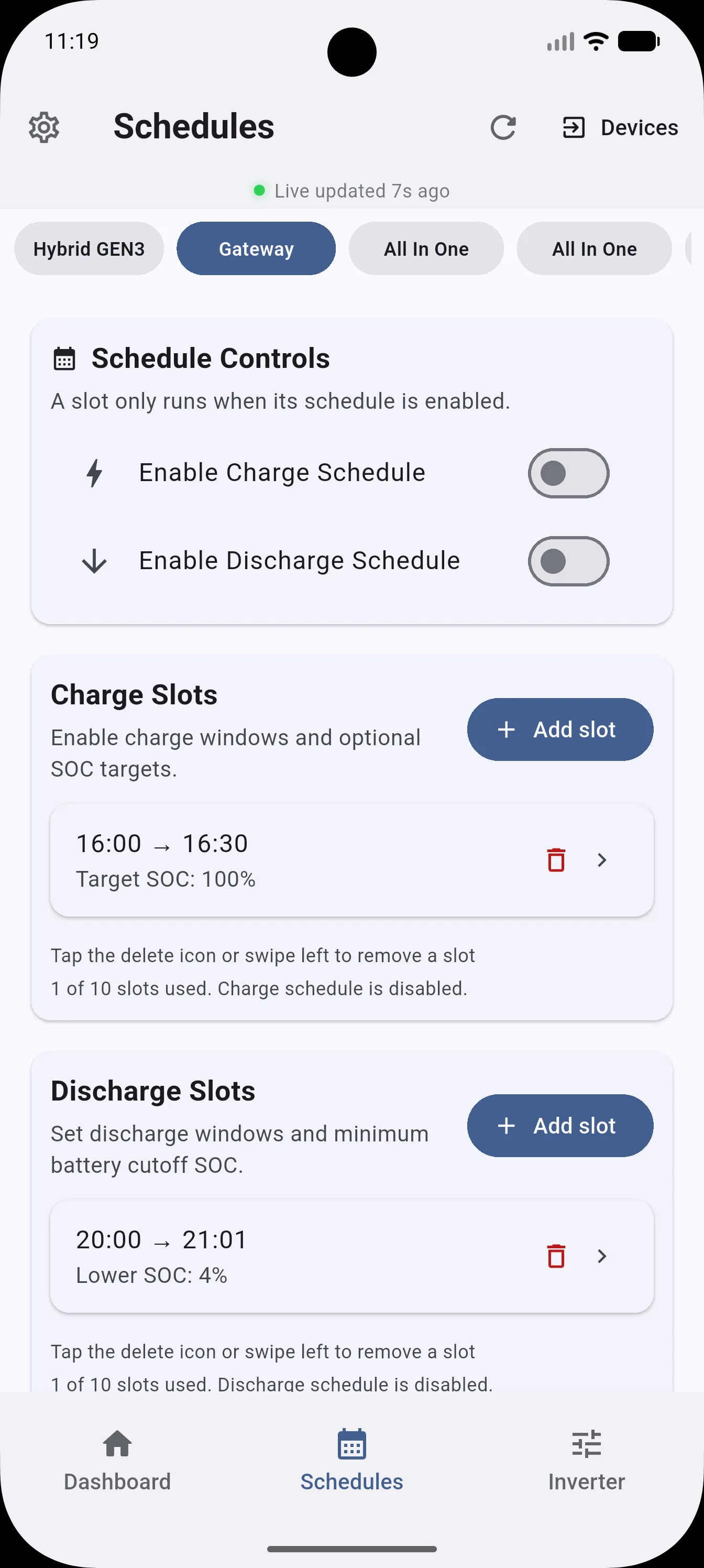Schedules tab showing Schedule Controls toggles and the Charge Slots and Discharge Slots lists