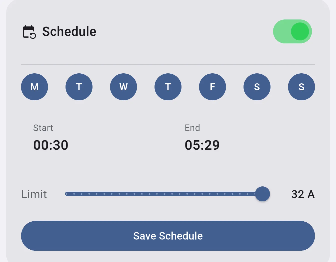EV Charger schedule card showing selected days, start/end times, and current limit