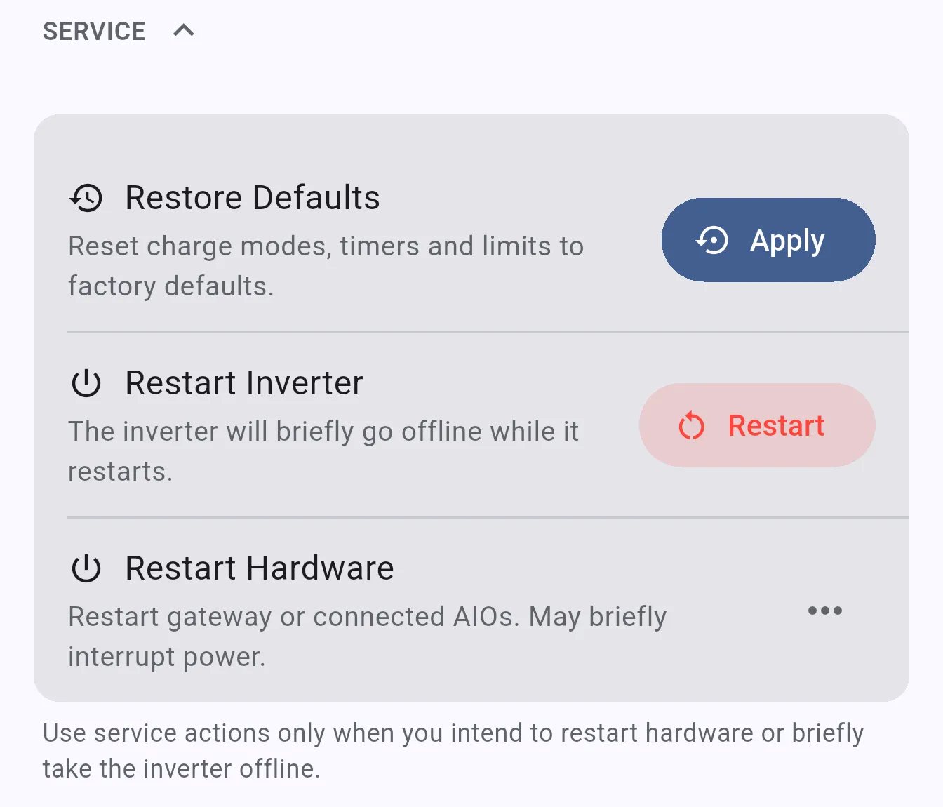 Service section showing Restore Defaults, Restart Inverter, and Restart Hardware