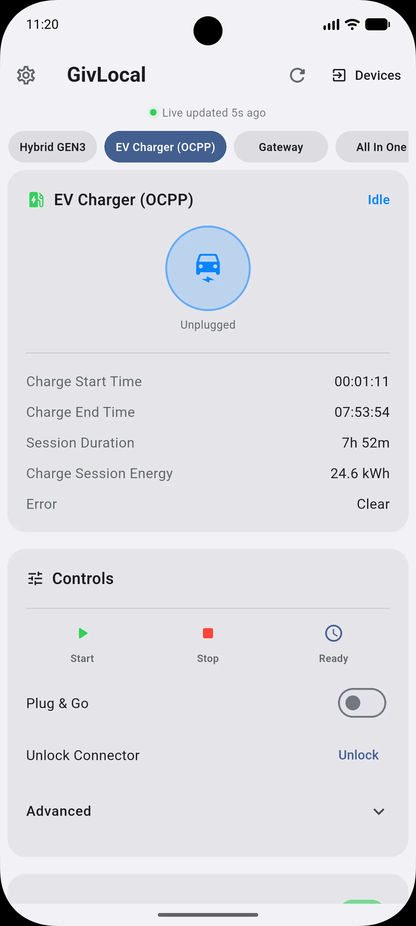 EV Charger status card showing Idle/Unplugged state, charge start/end time, session duration, session energy, and error status
