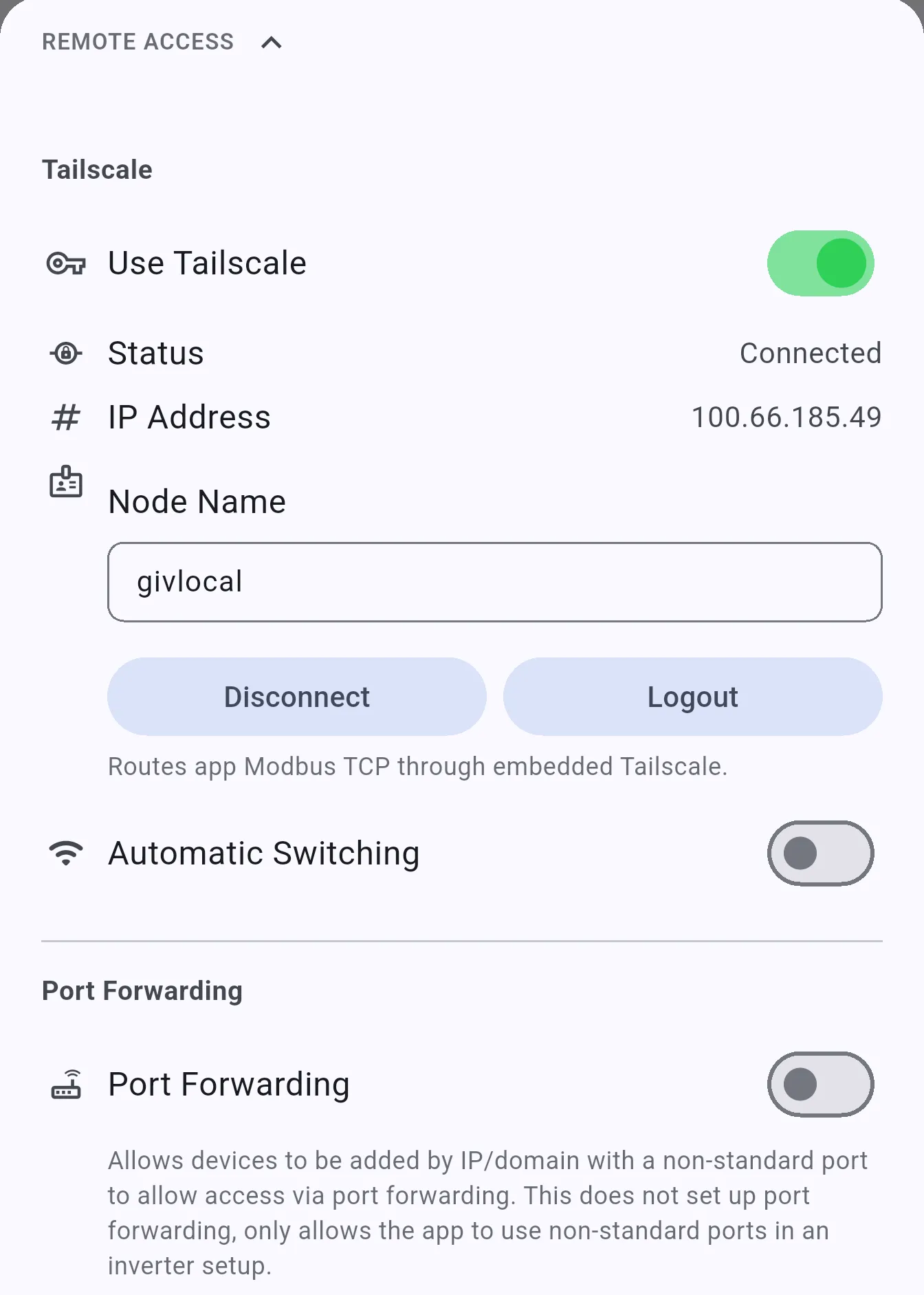 Remote Access section showing Tailscale Status Connected, IP Address, and Disconnect/Logout buttons