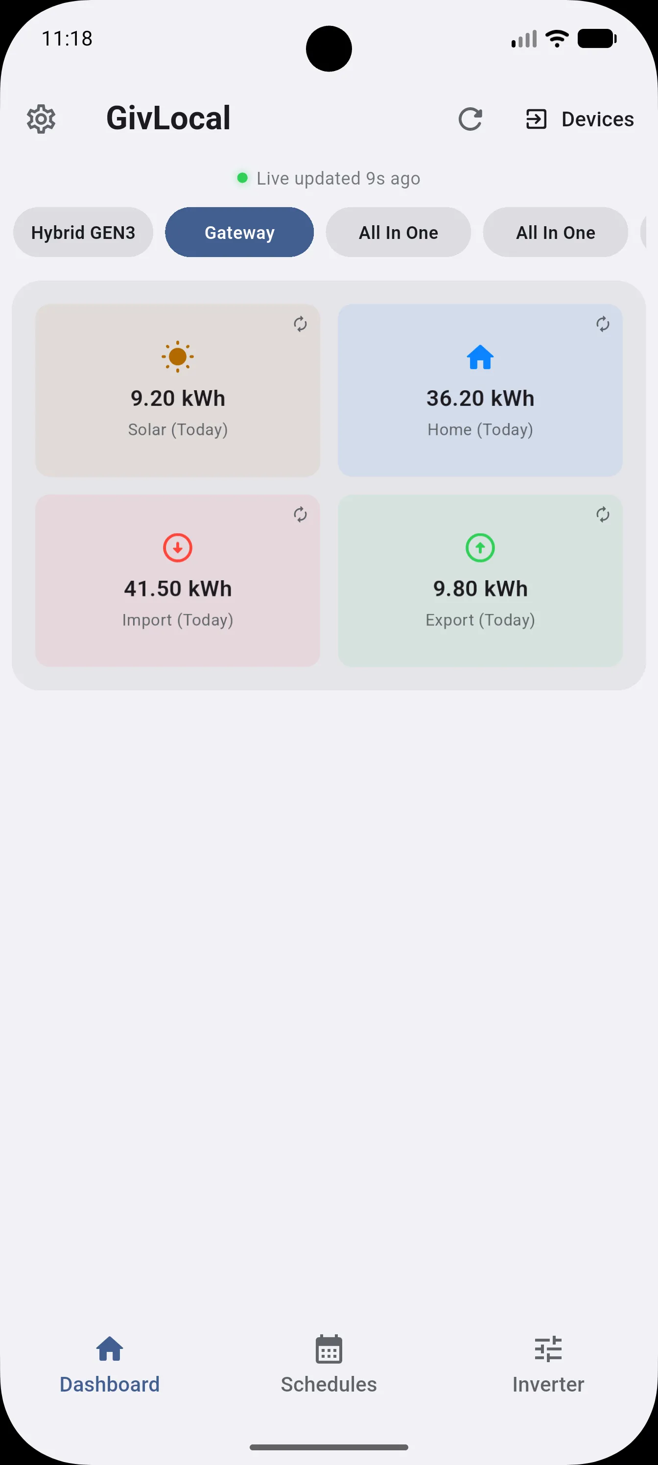 Energy Stats grid showing today's Solar, Home, Import, and Export figures