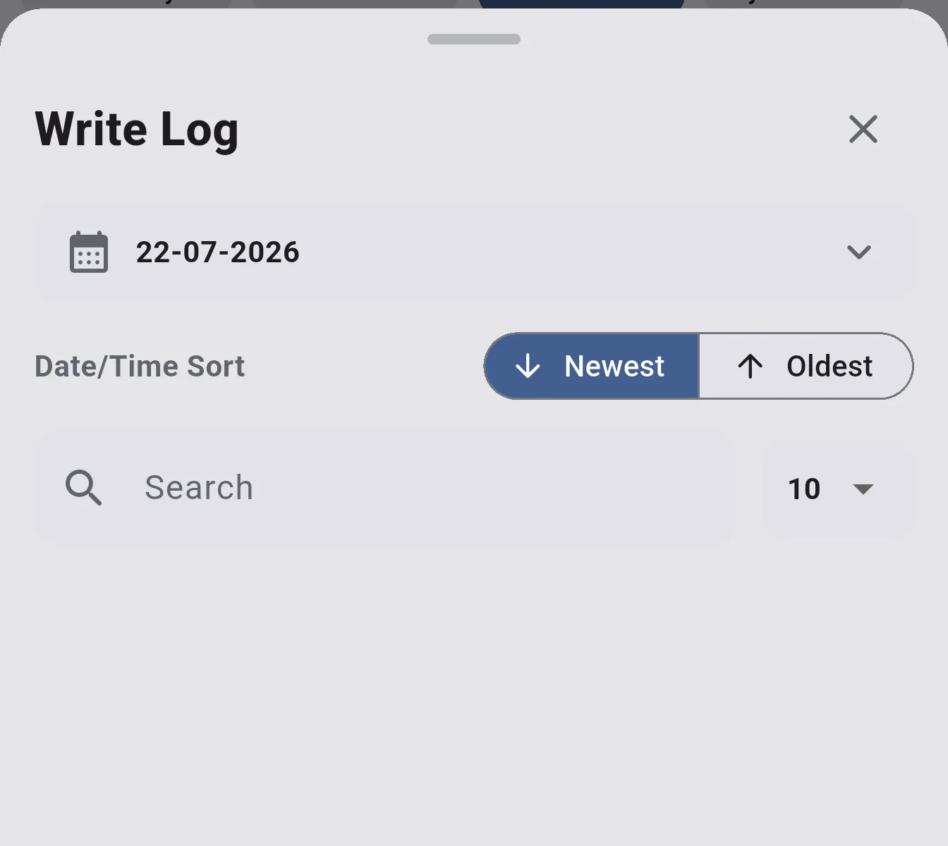 Write Log screen with date, sort, and search filters